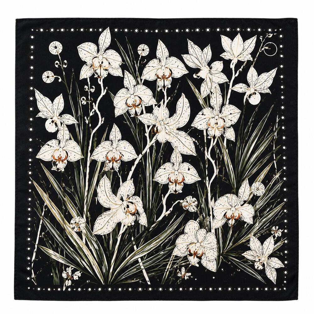 100% Silk Orchid Floral Square Scarf | Hand-Rolled Botanical Neck Accessory